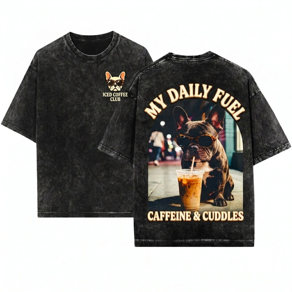 Frenchie Iced Coffee Dog Lover Graphic Aesthetic Unisex Wash T-Shirt