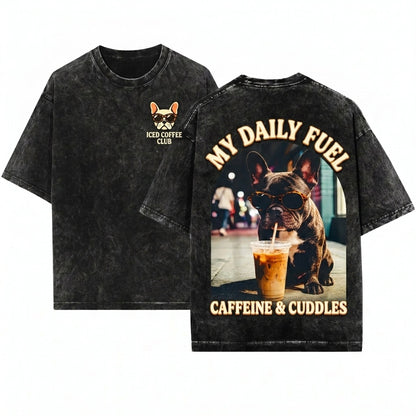 Frenchie Iced Coffee Dog Lover Graphic Aesthetic Unisex Wash T-Shirt