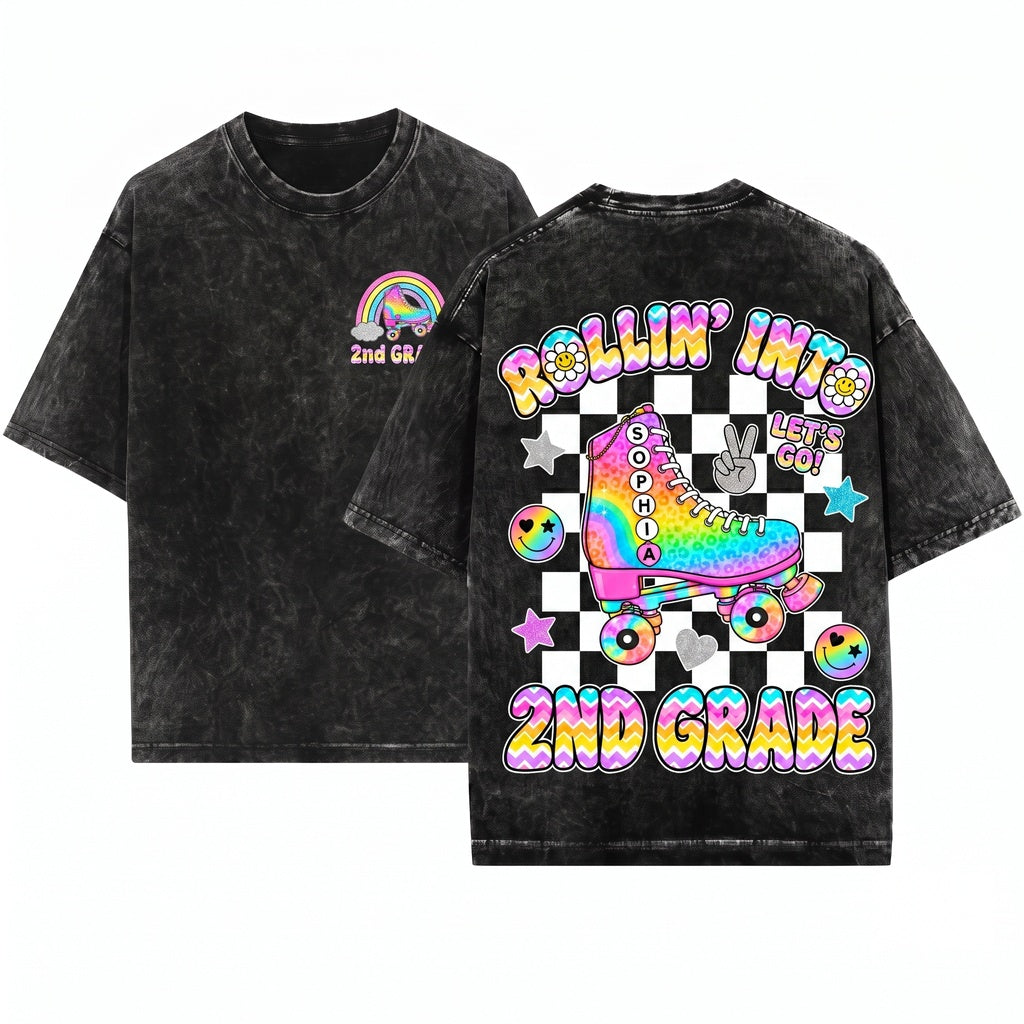 Retro Back to School Roller Skate Colorful Checker Custom Name Grade Kids Youth Toddler Unisex Wash T-Shirt