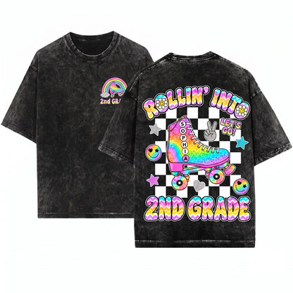 Retro Back to School Roller Skate Colorful Checker Custom Name Grade Kids Youth Toddler Unisex Wash T-Shirt