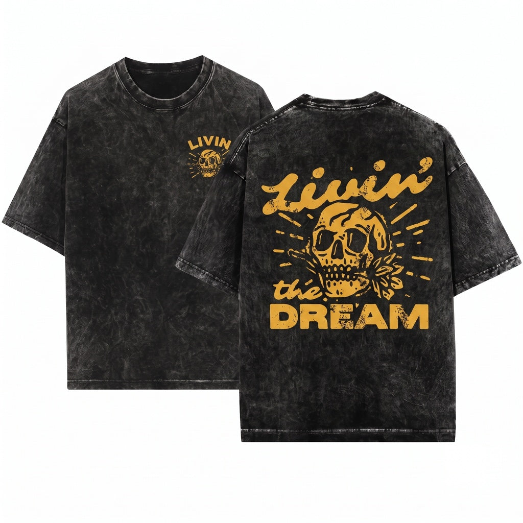 Livin the Dream Sarcastic Skeleton Skull Retro Grunge Funny Adult Humor Gift Unisex Wash T-Shirt