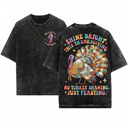 Colorful Disco Ball Turkey Thanksgiving Day Gift Lover Unisex Wash T-Shirt