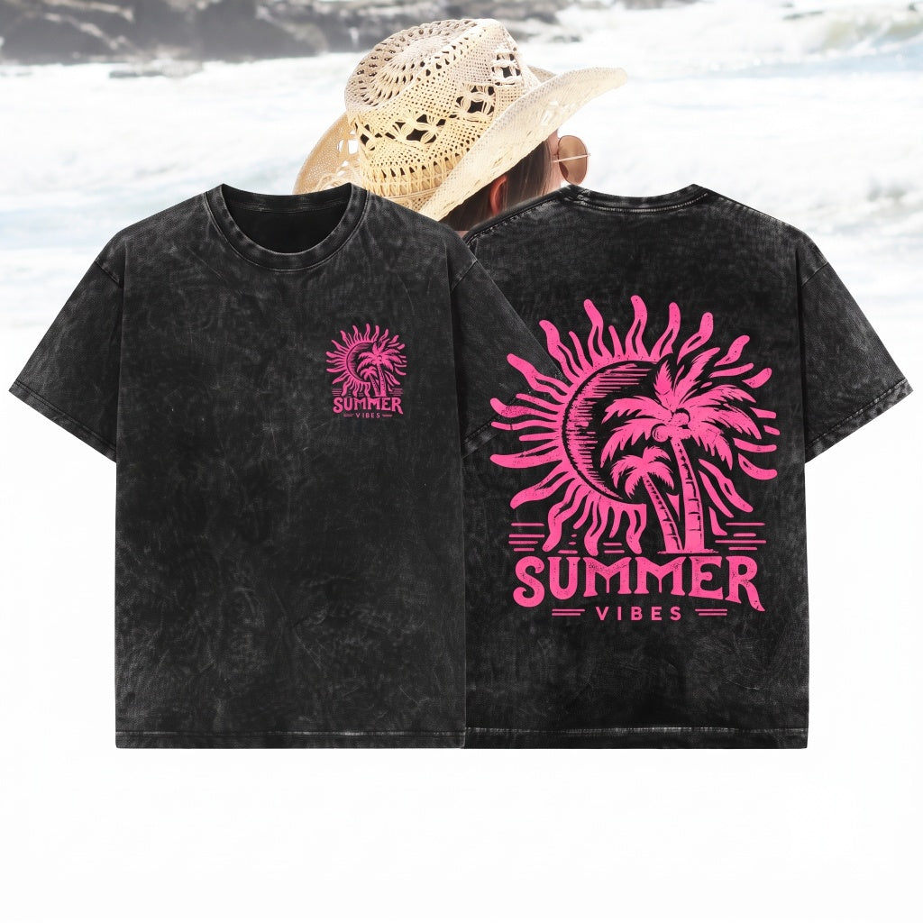 Summer Vibes Trendy Front Back Design Retro Vacation Beach Tee Unisex Wash T-Shirt