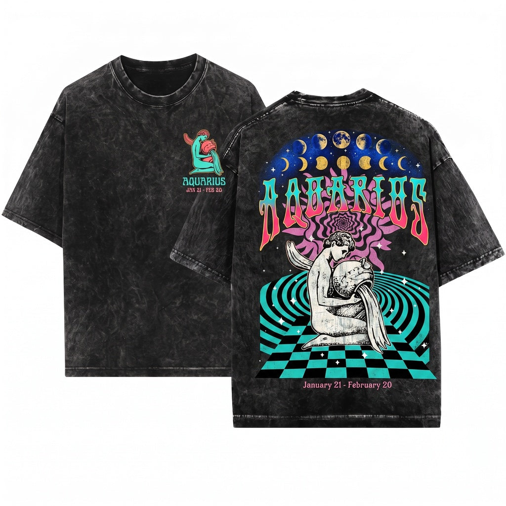Vintage Aquarius Zodiac Celestial Astrology Graphic Unisex Wash T-Shirt