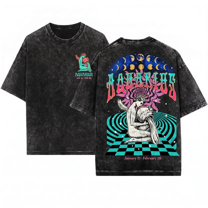 Vintage Aquarius Zodiac Celestial Astrology Graphic Unisex Wash T-Shirt