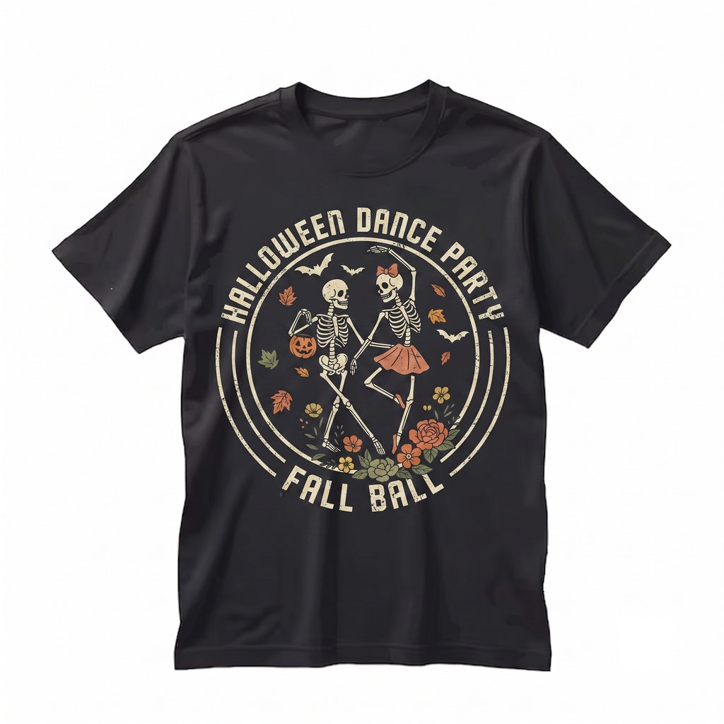 Dancing Skeleton Couple Halloween Party Autumn Fall Leaves Spooky Graphic Unisex TShirt