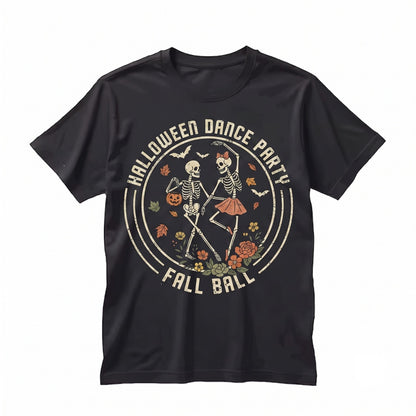 Dancing Skeleton Couple Halloween Party Autumn Fall Leaves Spooky Graphic Unisex TShirt