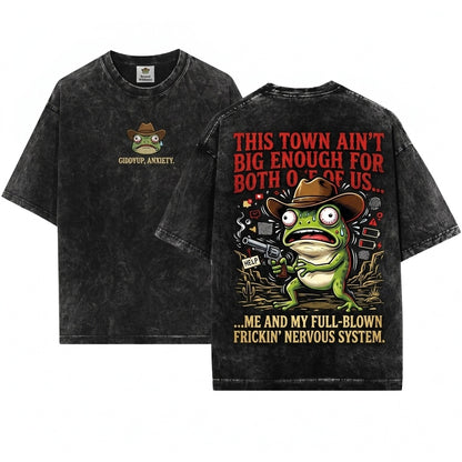 Hold On Partner Im Overstimulated Embroidered Funny Cowboy Frog Unisex Wash T-Shirt