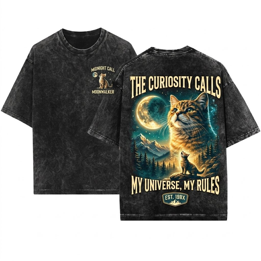 Retro Tiger Cat Howling Full Moon Graphic Comfort Cute Kitten Mom Gift Unisex Wash T-Shirt