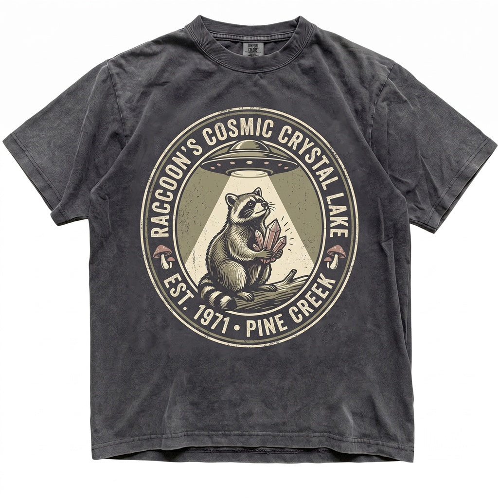 UFO Raccoon Vintage Alien Abduction Retro Forest Mushroom Graphic Crystal Wildlife Gift For Men Women Fans Unisex TShirt