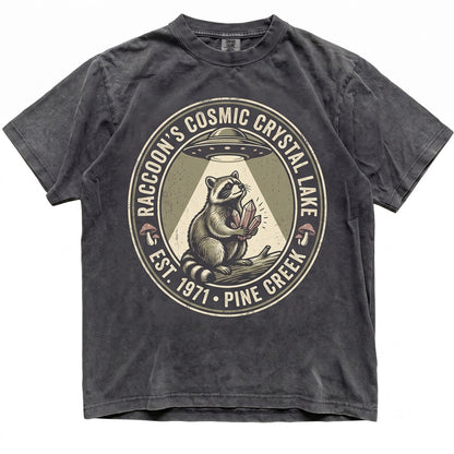 UFO Raccoon Vintage Alien Abduction Retro Forest Mushroom Graphic Crystal Wildlife Gift For Men Women Fans Unisex TShirt