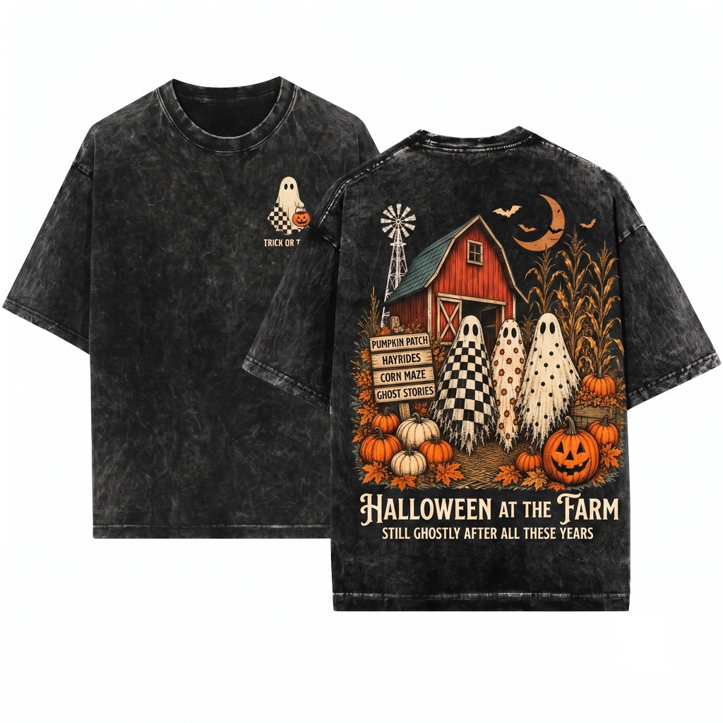 Tis The Season Ghost Trio Pumpkin Patch Farmhouse Halloween Checkered Floral Polka Dot Fall Unisex Wash T-Shirt