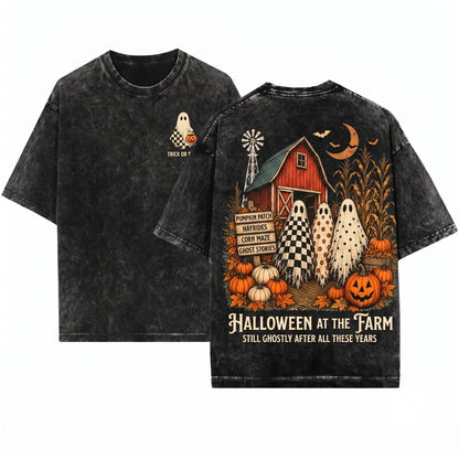 Tis The Season Ghost Trio Pumpkin Patch Farmhouse Halloween Checkered Floral Polka Dot Fall Unisex Wash T-Shirt