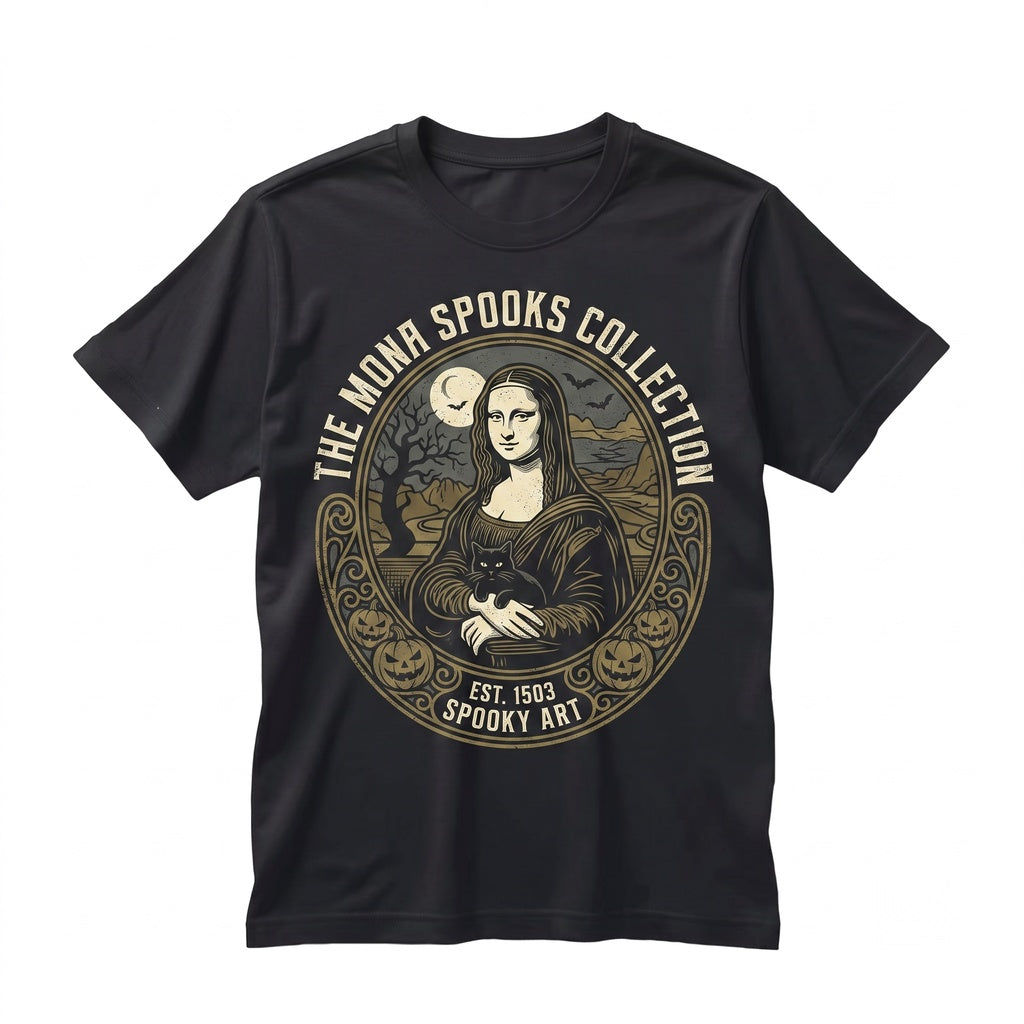 Mona Lisa Halloween Cat Gothic Dark Art Spooky Renaissance Parody Graphic Apparel, Black Unisex TShirt