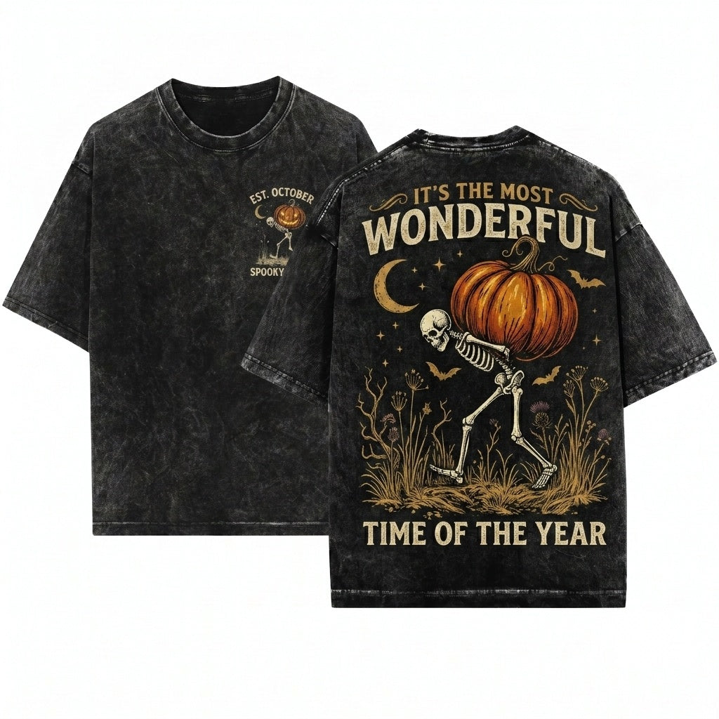 Funny Vintage Halloween Skeleton Pumpkin Most Wonderful Time Year Graphic Unisex Wash T-Shirt