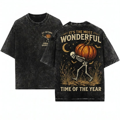 Funny Vintage Halloween Skeleton Pumpkin Most Wonderful Time Year Graphic Unisex Wash T-Shirt