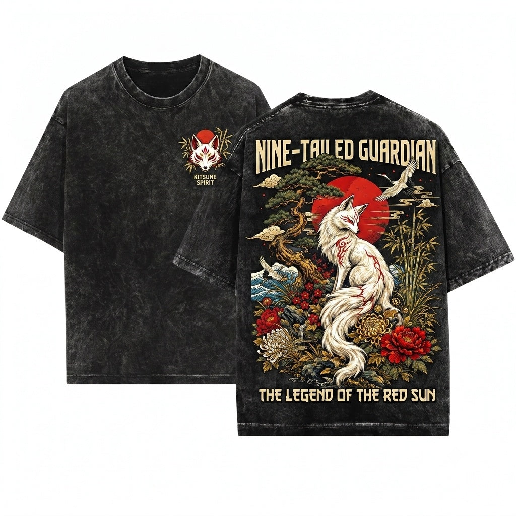 Japanese Fox Kitsune Graphic Vintage Floral Moon Nature Aesthetic Unisex Wash T-Shirt
