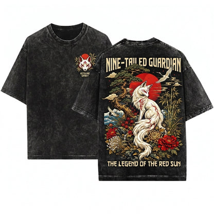 Japanese Fox Kitsune Graphic Vintage Floral Moon Nature Aesthetic Unisex Wash T-Shirt