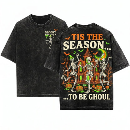 Dancing Skeleton Spooky Season Retro Haunted House Apparel Unisex Wash T-Shirt