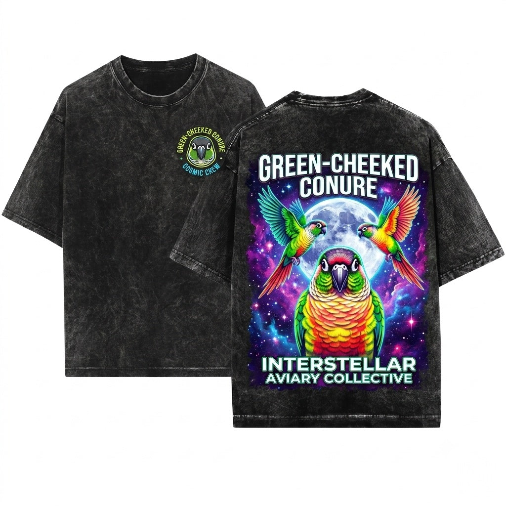 Three Green Cheek Conure Moon Galaxy Parrot Lover Pet Bird Owner Vintage Graphic Birthday Unisex Wash T-Shirt