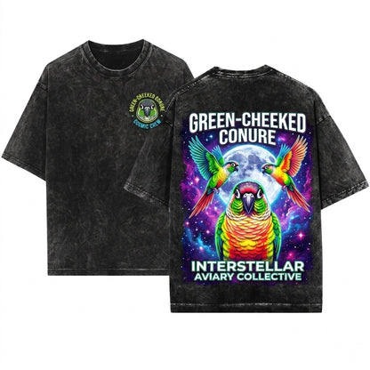 Three Green Cheek Conure Moon Galaxy Parrot Lover Pet Bird Owner Vintage Graphic Birthday Unisex Wash T-Shirt