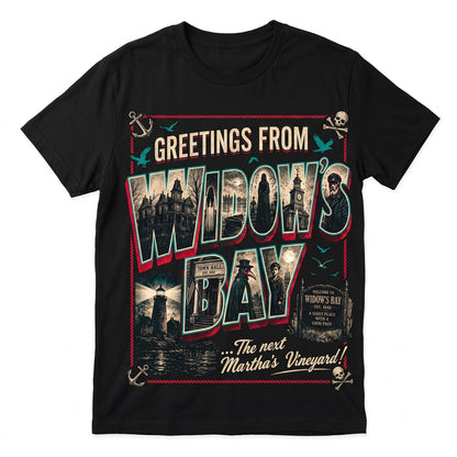 Greetings From Widows Bay Vintage Coastal Horror Movie Graphic Spooky Fan Gift Unisex TShirt