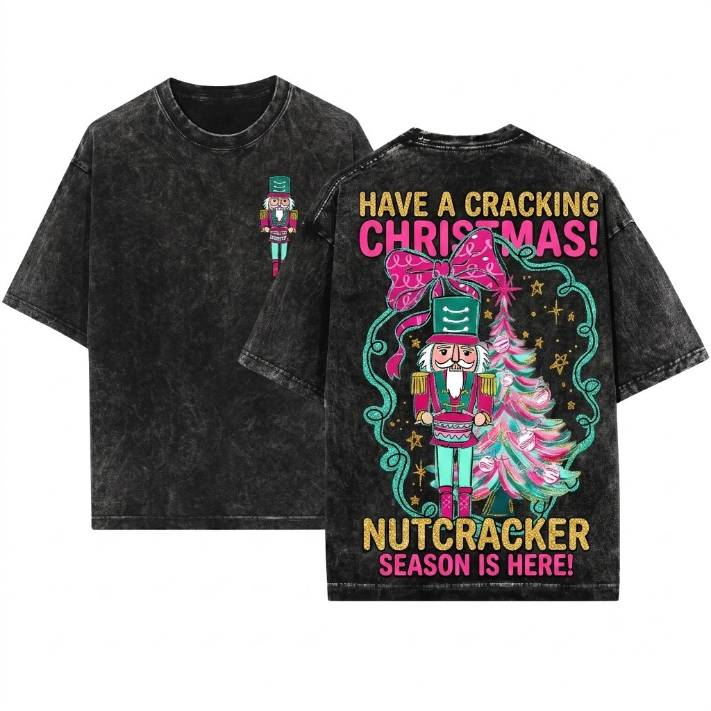 Glitter Pink Nutcracker Christmas Tree Colorful Brushstroke Blue Graphic Unisex Wash T-Shirt