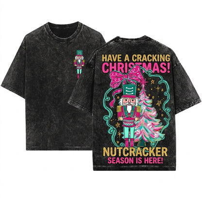 Glitter Pink Nutcracker Christmas Tree Colorful Brushstroke Blue Graphic Unisex Wash T-Shirt