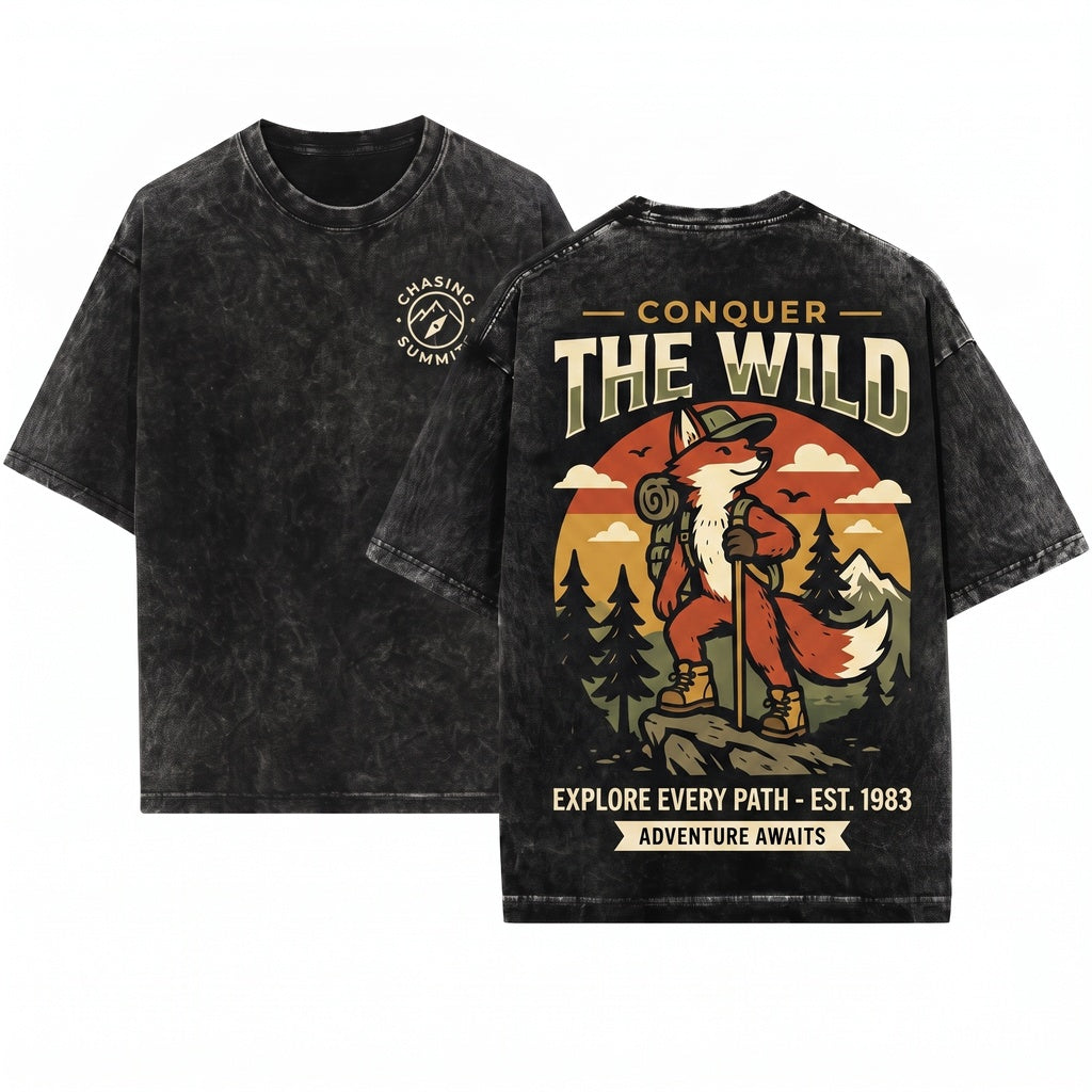 Old School Hiking Fox Graphic Woodland Adventure Wildlife Rustic Outdoor Explorer Gift Unisex Wash T-Shirt