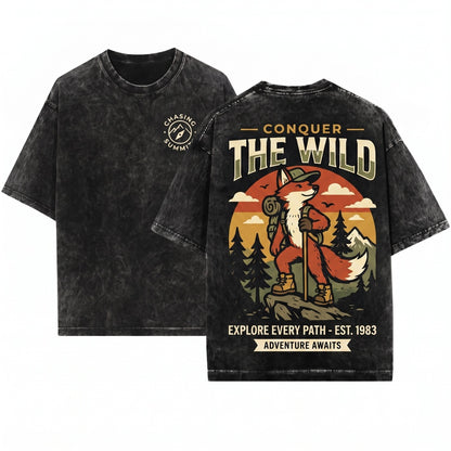 Old School Hiking Fox Graphic Woodland Adventure Wildlife Rustic Outdoor Explorer Gift Unisex Wash T-Shirt