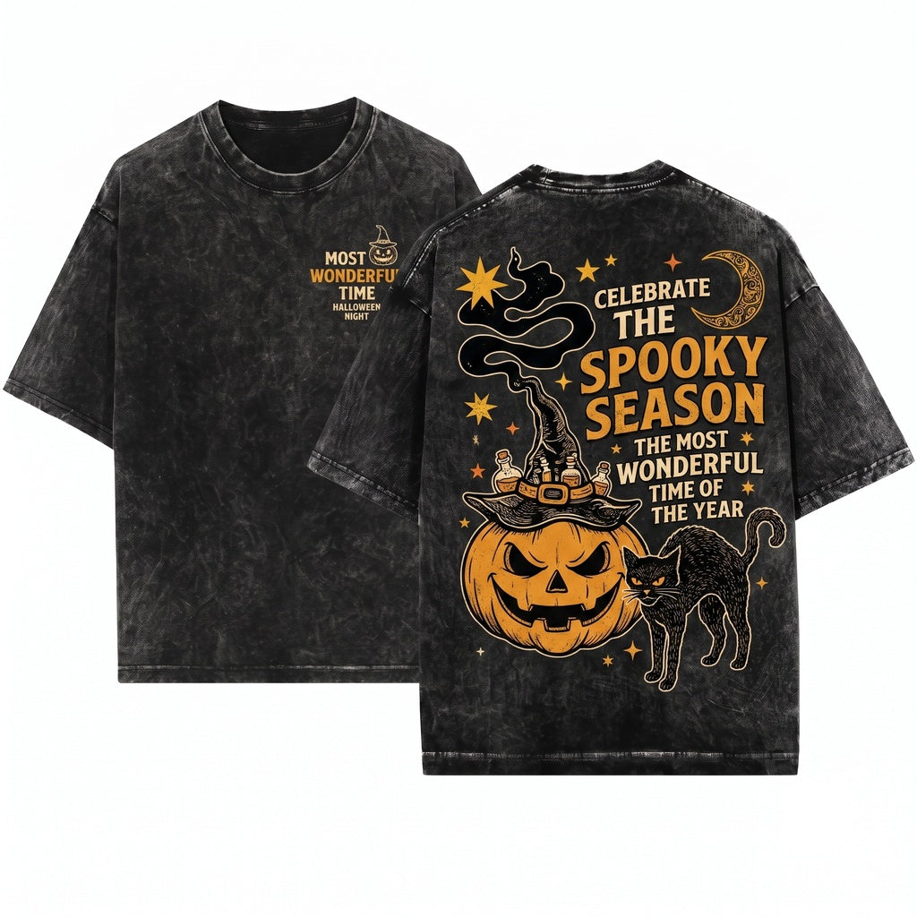 Vintage 90s Spooky Halloween Black Cat Witchy Pumpkin Most Wonderful Time Year Unisex Wash T-Shirt