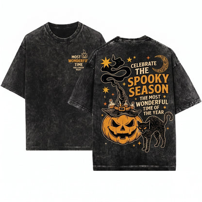 Vintage 90s Spooky Halloween Black Cat Witchy Pumpkin Most Wonderful Time Year Unisex Wash T-Shirt