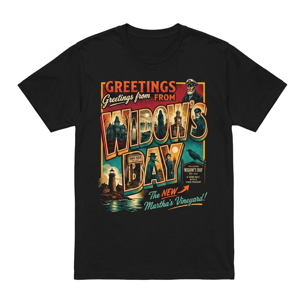 Greetings From Widow’s Bay Vintage Coastal Horror Graphic Tank Top, Spooky Movie Fan Gift, Unisex TShirt
