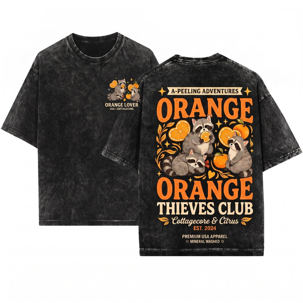 Retro Sweet Raccoon Graphic Citrus Wildlife Animal Whimsical Forest Nature Gift Unisex Wash T-Shirt