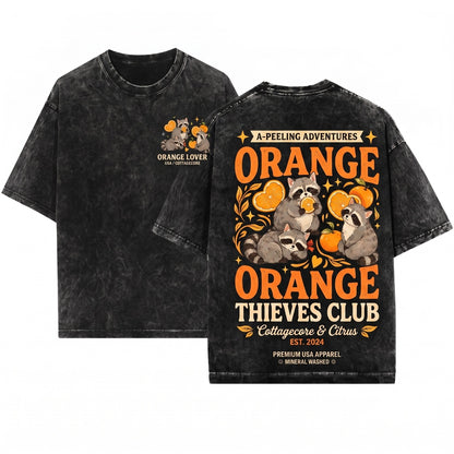 Retro Sweet Raccoon Graphic Citrus Wildlife Animal Whimsical Forest Nature Gift Unisex Wash T-Shirt