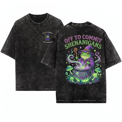 Off To Commit Shenanigans Funny Wizard Embroidered RPG Fantasy Humor Graphic Unisex Wash T-Shirt