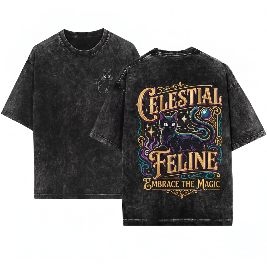 Jiji Black Cat Embroidered Tee – Whimsical Witchy Familiar Vibes for Book Lovers – Unisex Wash T-Shirt