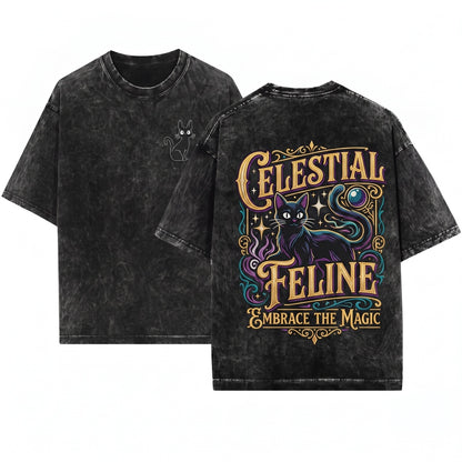 Jiji Black Cat Embroidered Tee – Whimsical Witchy Familiar Vibes for Book Lovers – Unisex Wash T-Shirt
