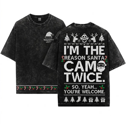 Funny Matching Couples Ugly Christmas Santa Came Twice Long Sleeve Unisex Wash T-Shirt
