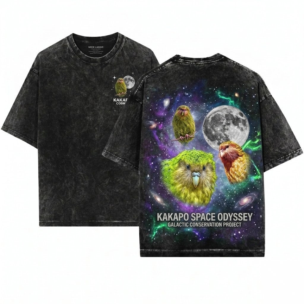 Vintage Moon Kakapo Retro Graphic Oversized Silly Gift Parrot Lovers Unisex Wash T-Shirt