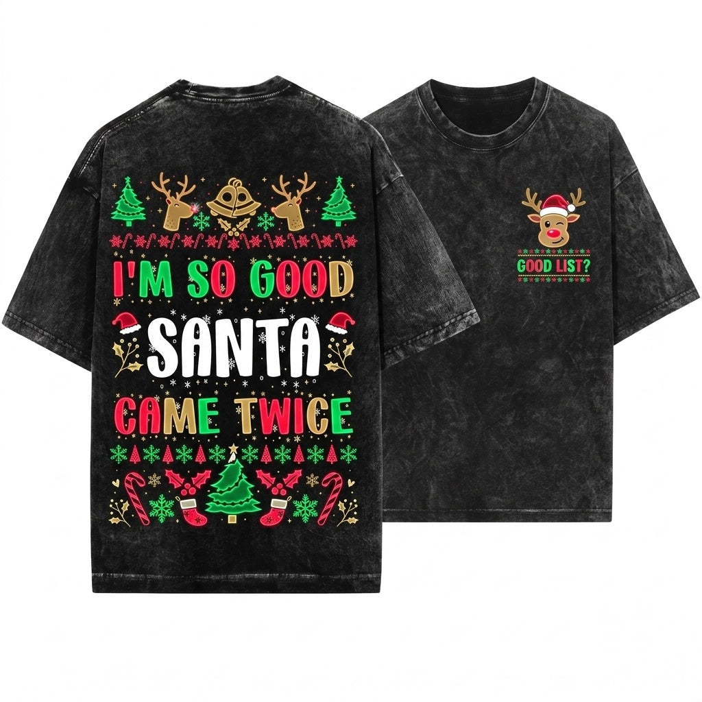 Funny Matching Couples Ugly Christmas Santa Came Twice Long Sleeve Unisex Wash T-Shirt
