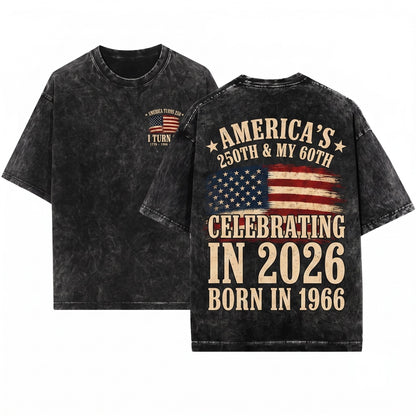 America Turns 250 I Turn 60 Patriotic Graphic 1966 Birthday Unisex Wash T-Shirt