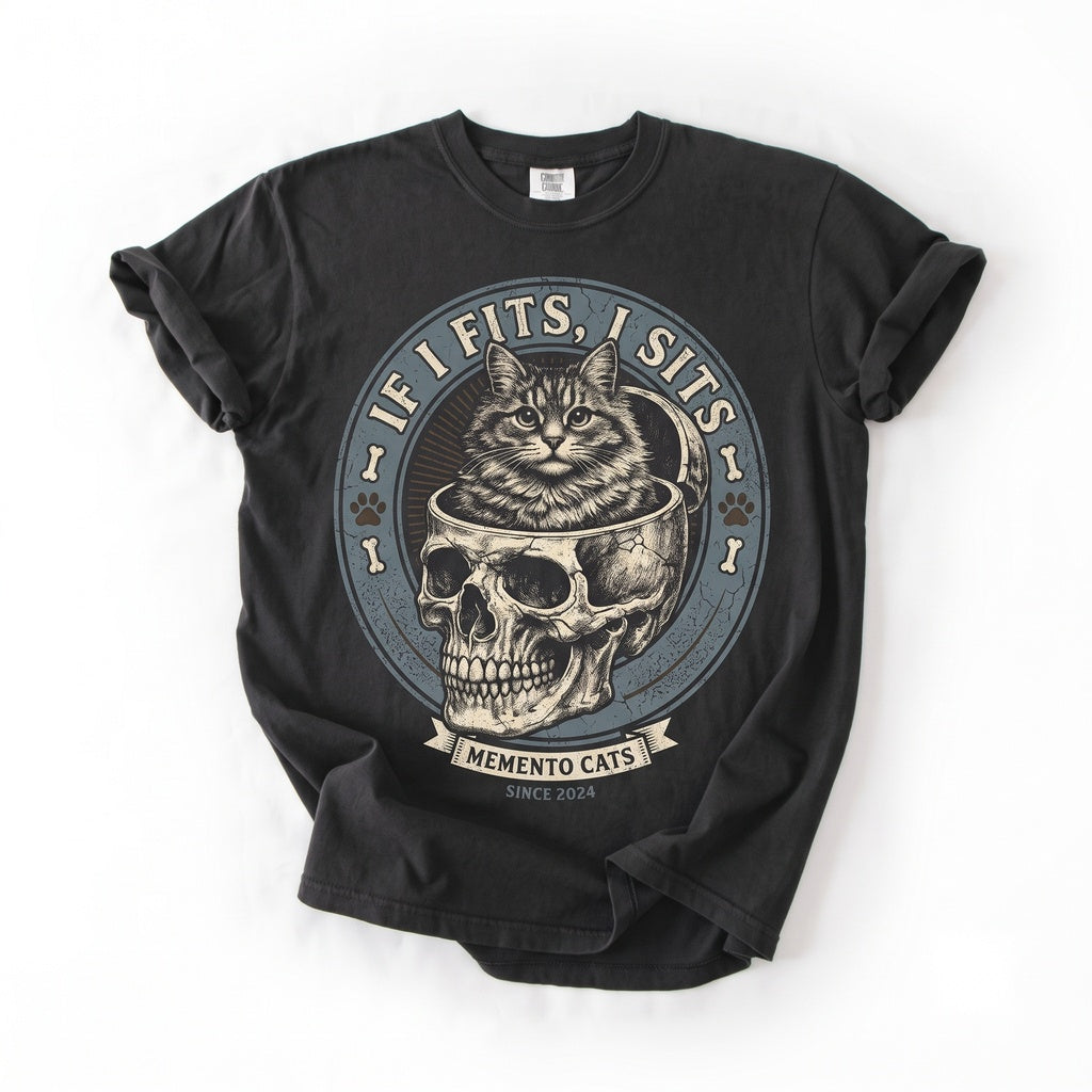 If It Fits I Sits Black Cat Skull Gothic Meme Dark Humor Identity Graphic Unisex TShirt