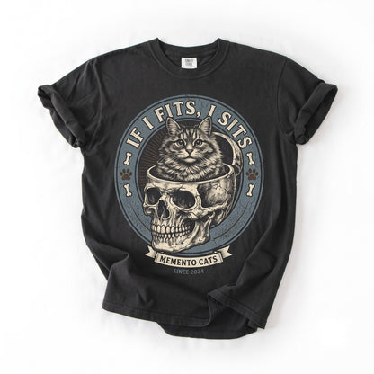 If It Fits I Sits Black Cat Skull Gothic Meme Dark Humor Identity Graphic Unisex TShirt