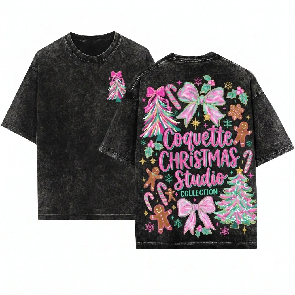 Merry Christmas Gingerbread Floral Brushstroke Tree Bow Pink Blue Coquette Bright PNG Unisex Wash T-Shirt