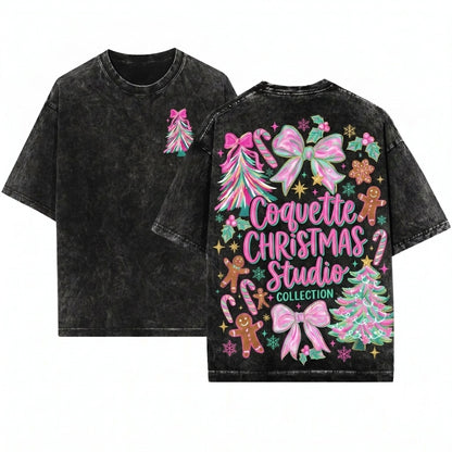 Merry Christmas Gingerbread Floral Brushstroke Tree Bow Pink Blue Coquette Bright PNG Unisex Wash T-Shirt