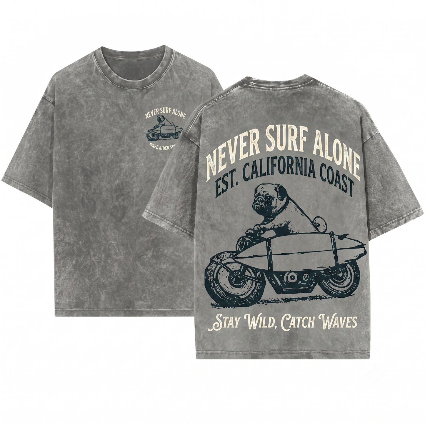 Surf Pug Graphic Tee - Retro Bike Surfer Dog Vintage Mom Dad Gift Unisex Heavyweight Garment-Dyed T-Shirt