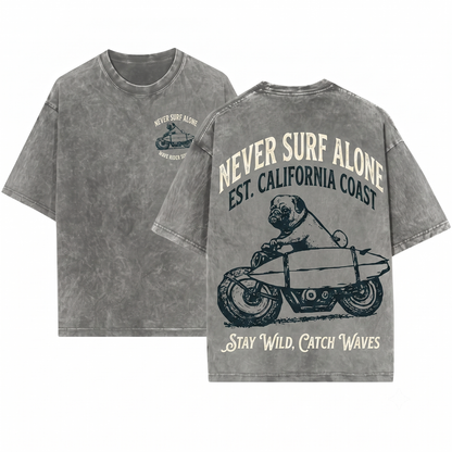Surf Pug Graphic Tee - Retro Bike Surfer Dog Vintage Mom Dad Gift Unisex Heavyweight Garment-Dyed T-Shirt