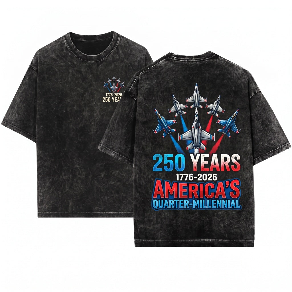 American 1776-2026 250th Anniversary Fighter Jets Patriotic Mens Graphic Unisex Wash T-Shirt