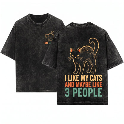 I Like My Cat And Maybe 3 People Funny Introvert Sarcastic Pet Lover Gift Unisex Wash T-Shirt